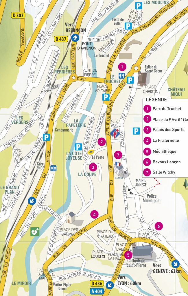 informations pratiques : plan de la ville de Saint-Claude avec les lieux du festival